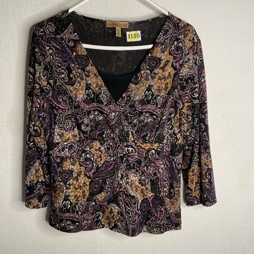 Notations Top Woman Large‎ 3/4 Sleeve Blouse Semi Sheer Paisley Y2K Whimsigoth